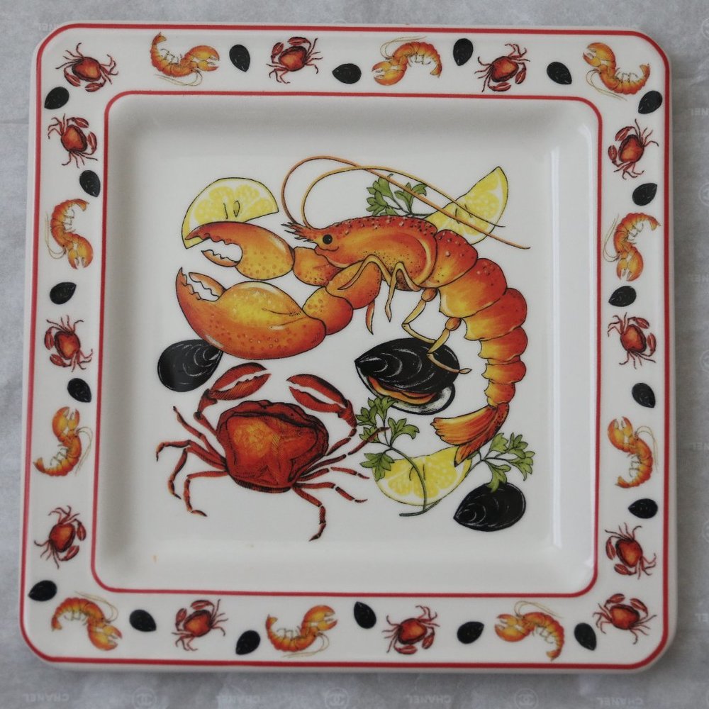 Italian Dinner Serving Square Plate Lobster Seafood White Orange 10" Italy Made